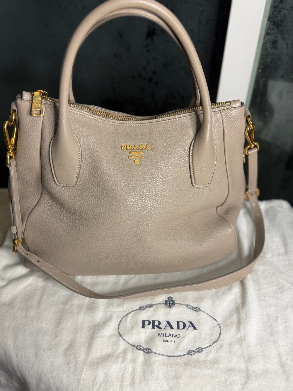 Prada Sacca 2 Manici Vitello Daino Leather Shoulder/Crossbody/Handbag - Pomice